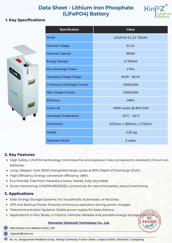 Pin lưu trữ XinPZ 51.2V-17920Wh 125kg chính hãng