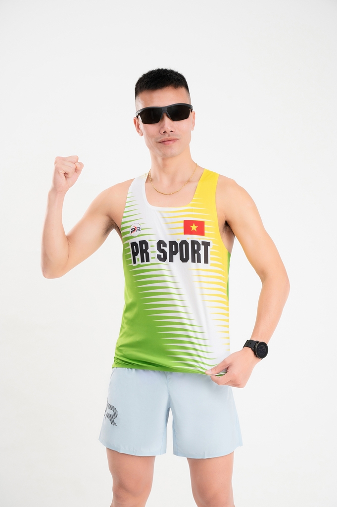 Áo chạy bộ Nam Singlet - XANH VÀNG - Ép nhiệt | Áo chạy bộ PR SPORT