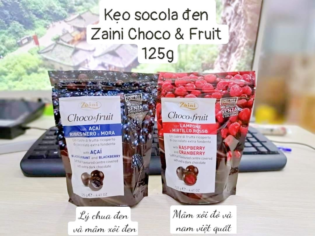 KẸO SOCOLA ZAINI CHOCO & FRUIT MÂM XÔI  túi 125gr ( Mâm xôi đen)