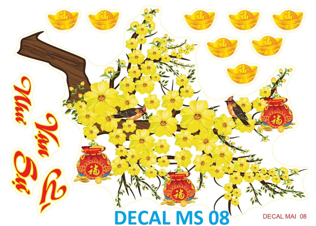 Decal trang trí tết kèm họa tiết nổi cành mai vàng MẪU 08