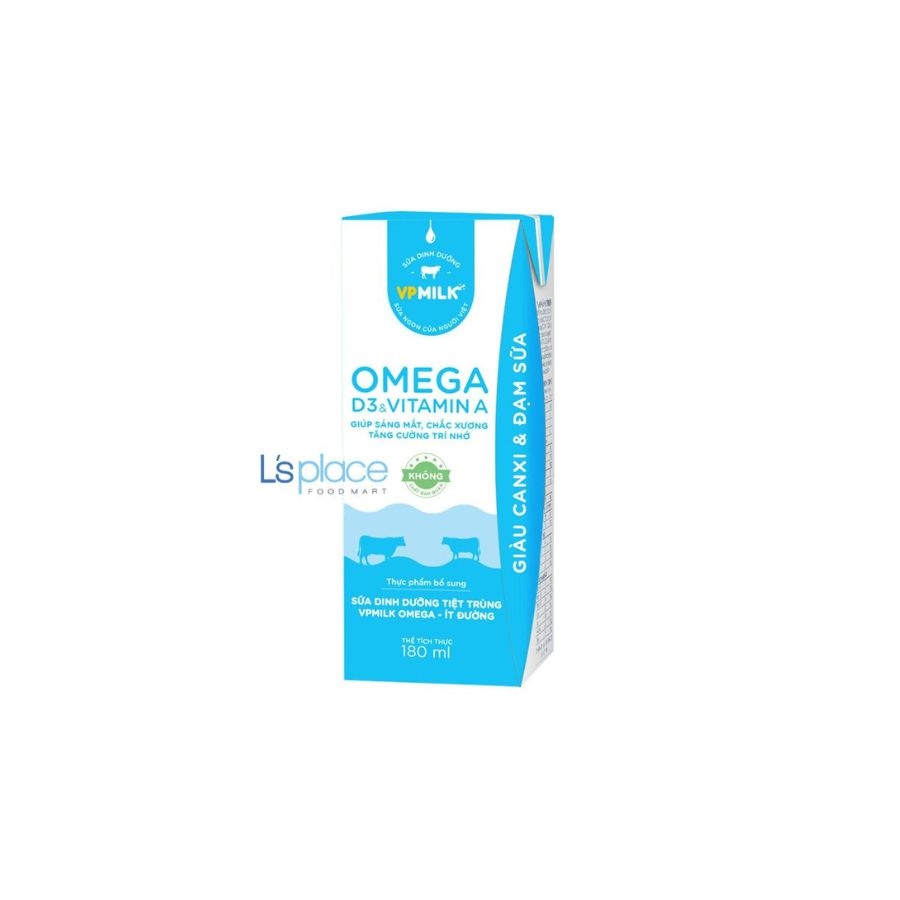 Sữa dinh dưỡng tiệt trùng VPMilk Omega ít đường (lốc 4 hộp x 180ml)