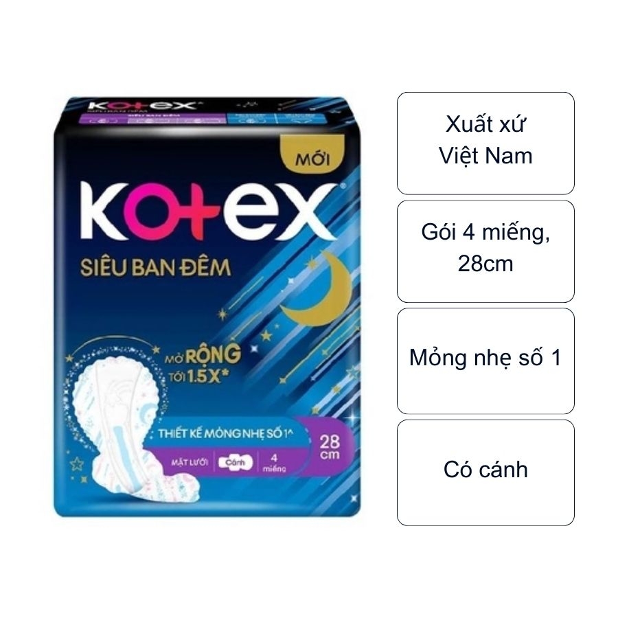 Băng vệ sinh Kotex siêu ban đêm 28cm (gói 4 miếng)