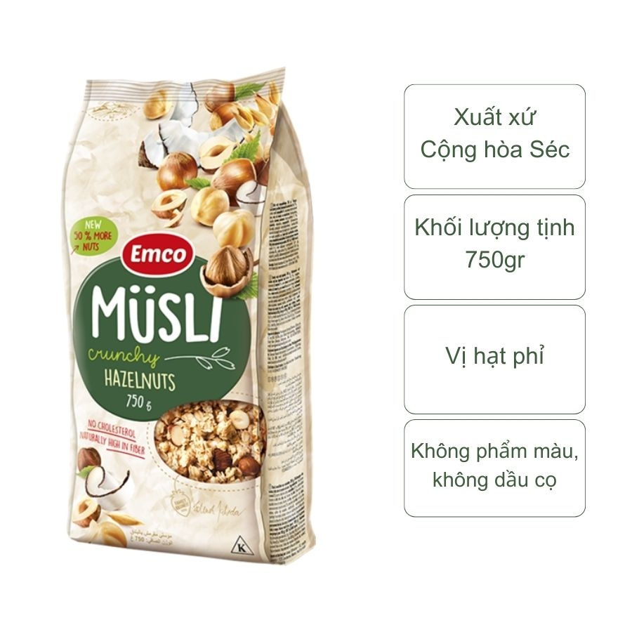 Ngũ cốc giòn Emco Crunchy Musli vị hạt phỉ (gói 750gr)