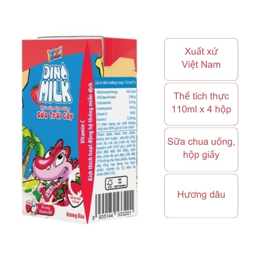 Sữa chua uống trái cây hương dâu (lốc 4 hộp/110ml)