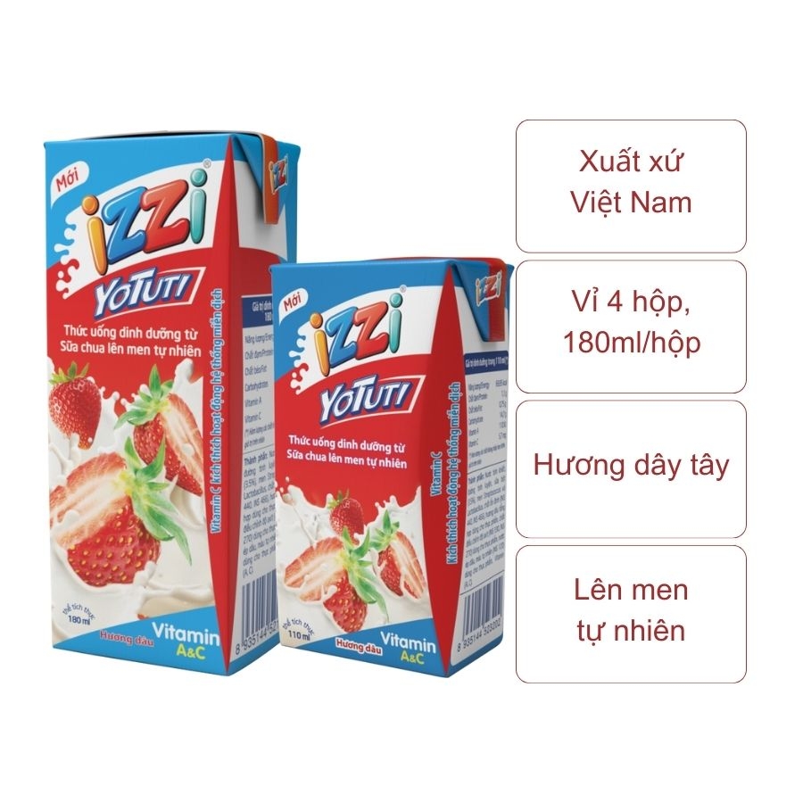 Sữa chua uống Izzi Yotuti hương dâu (vỉ 4 hộp x 180Ml)