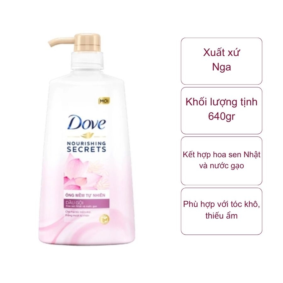 Dầu gội Dove óng mềm tự nhiên hương sen (chai 640g)