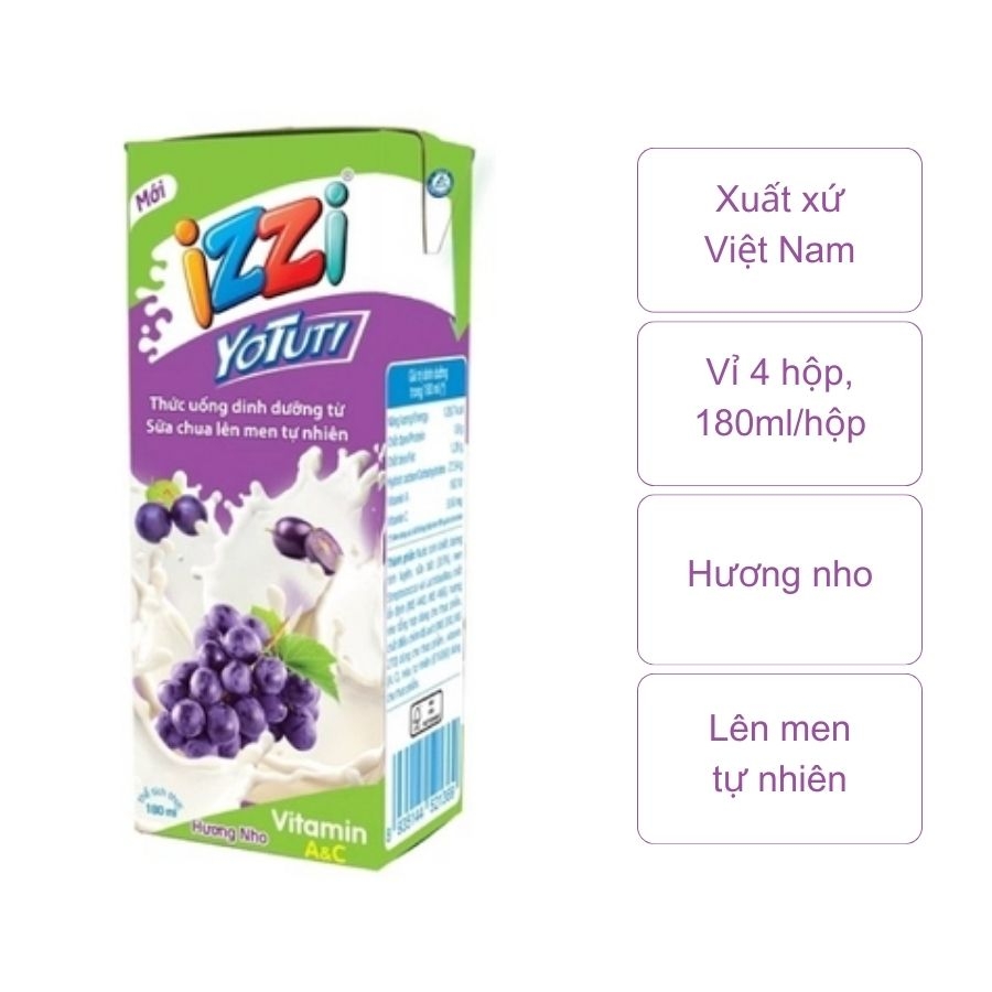 Sữa chua uống Izzi Yotuti hương nho (vỉ 4 hộp/180Ml)