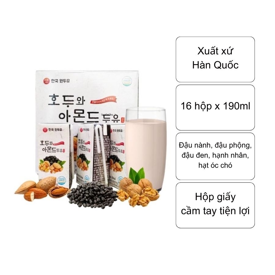 Sữa đậu nành óc chó hạnh nhân KorMilk (xách 16 hộp x 190ml)