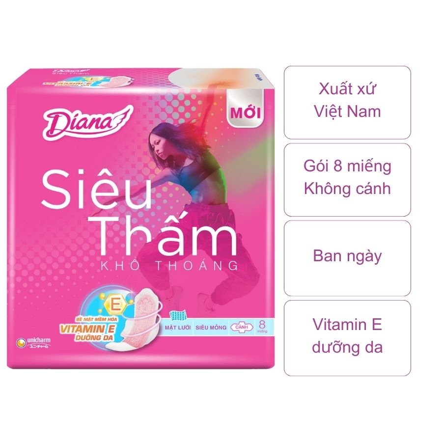 Băng vệ sinh Diana siêu thấm siêu mỏng cánh (gói 8 miếng)