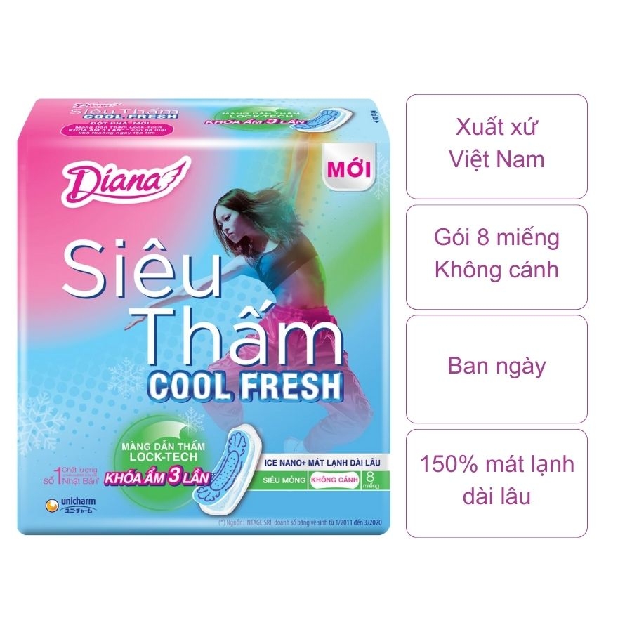 Băng vệ sinh Diana siêu thấm Cool Fresh siêu mỏng không cánh (gói 8 miếng)