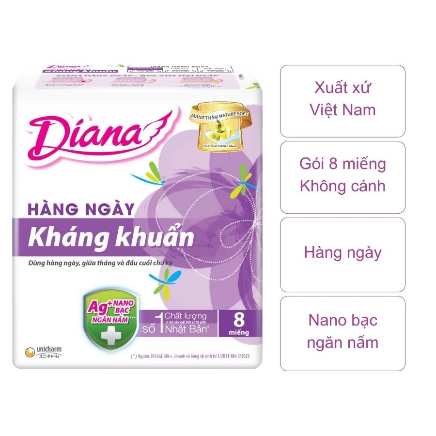 Băng vệ sinh Diana Sensi hàng ngày kháng khuẩn (gói 8 miếng)