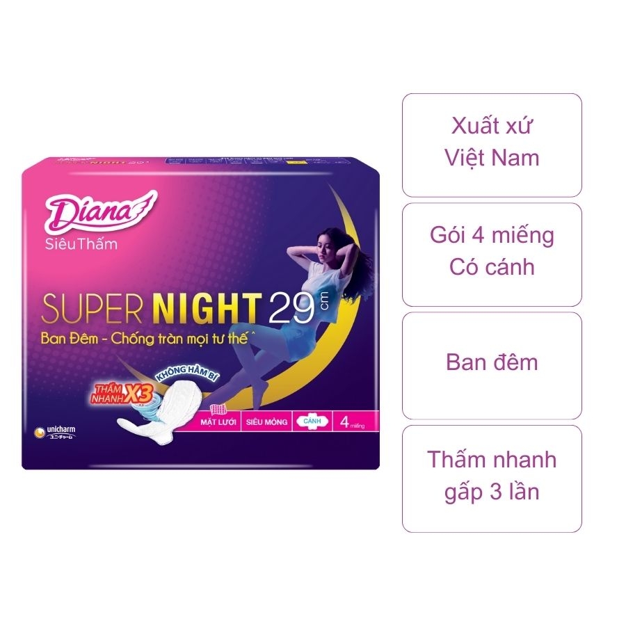 Băng vệ sinh Diana siêu thấm Super Night 29cm (gói 4 miếng)