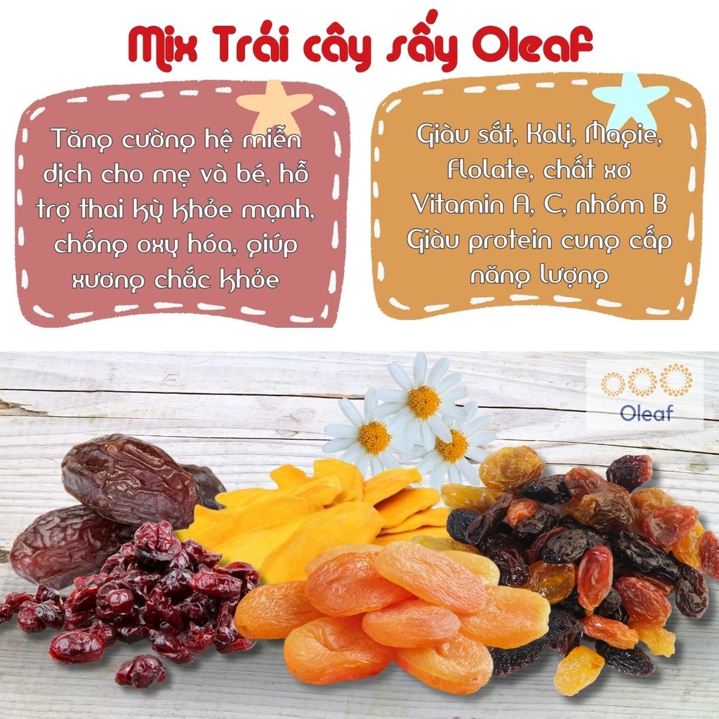 Trái Cây Sấy Không Đường Mix 5 Vị - Thêm Xoài Sấy Dẻo - Cho Mẹ Bầu Ăn Vặt Bổ Sung Dinh Dưỡng Đề Kháng - Oleaf Trái Cây Sấ