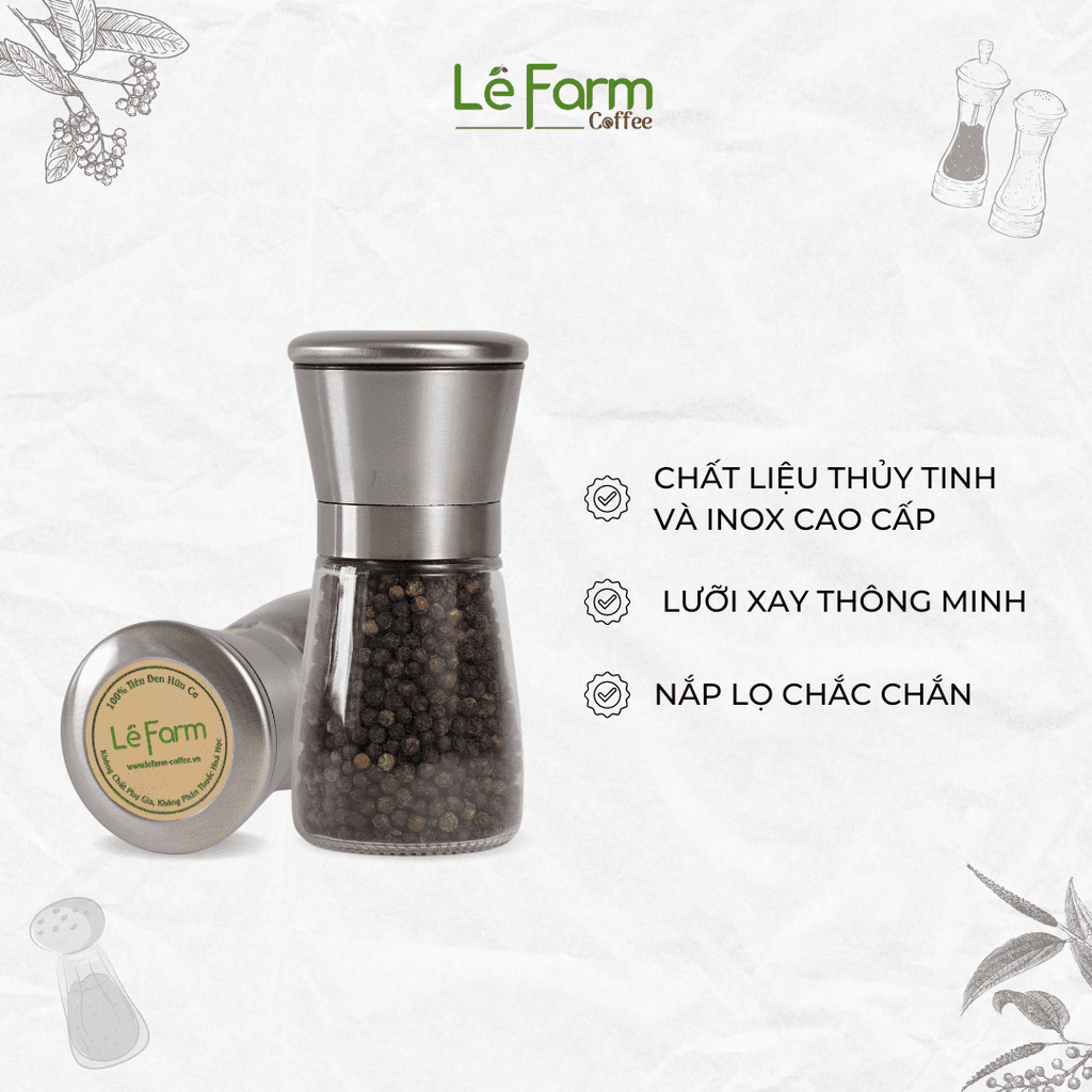 Combo: Túi 500g Tiêu Đen + Lọ Xay Tiêu Inox - Lê Farm Coffee