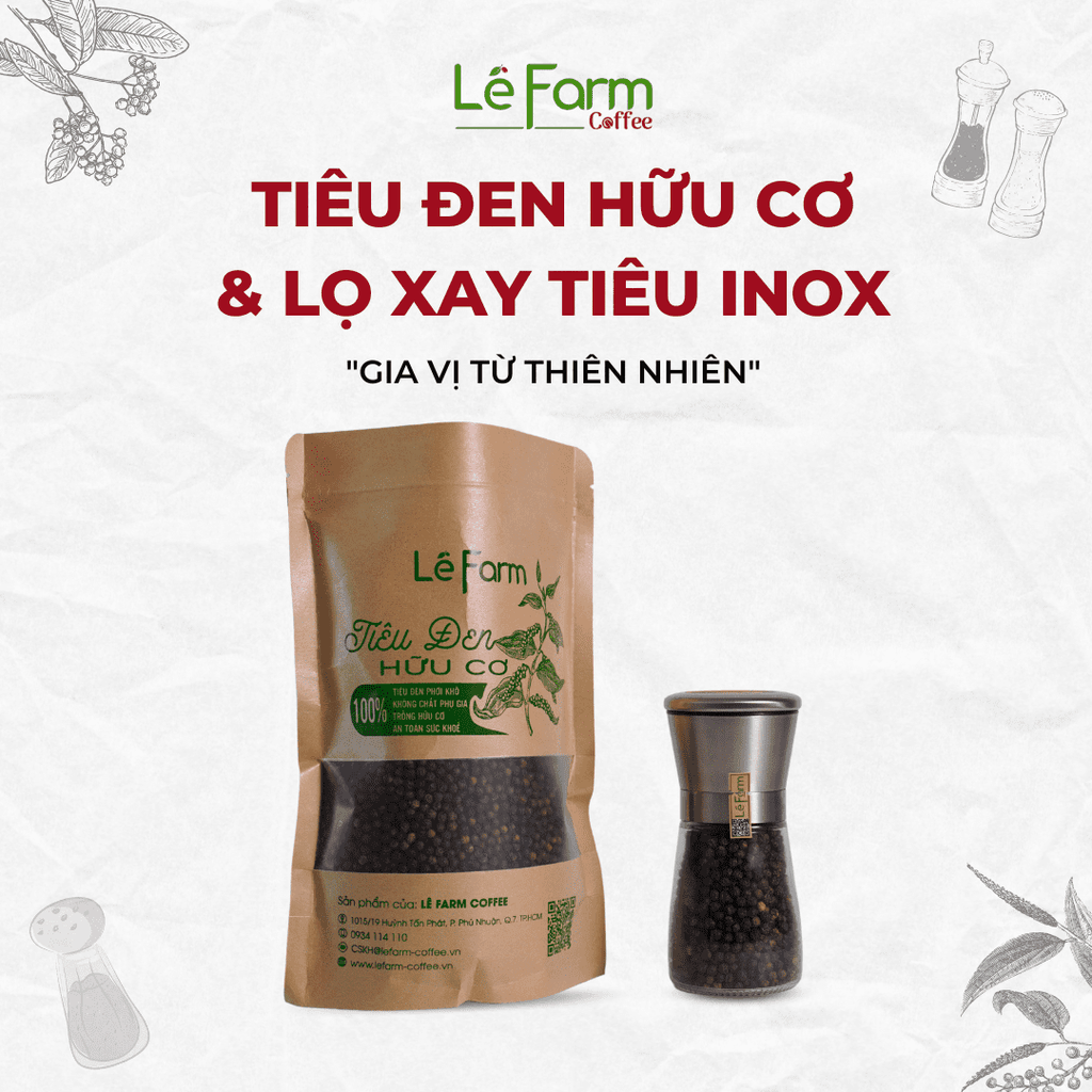 Combo: Túi 500g Tiêu Đen + Lọ Xay Tiêu Inox - Lê Farm Coffee