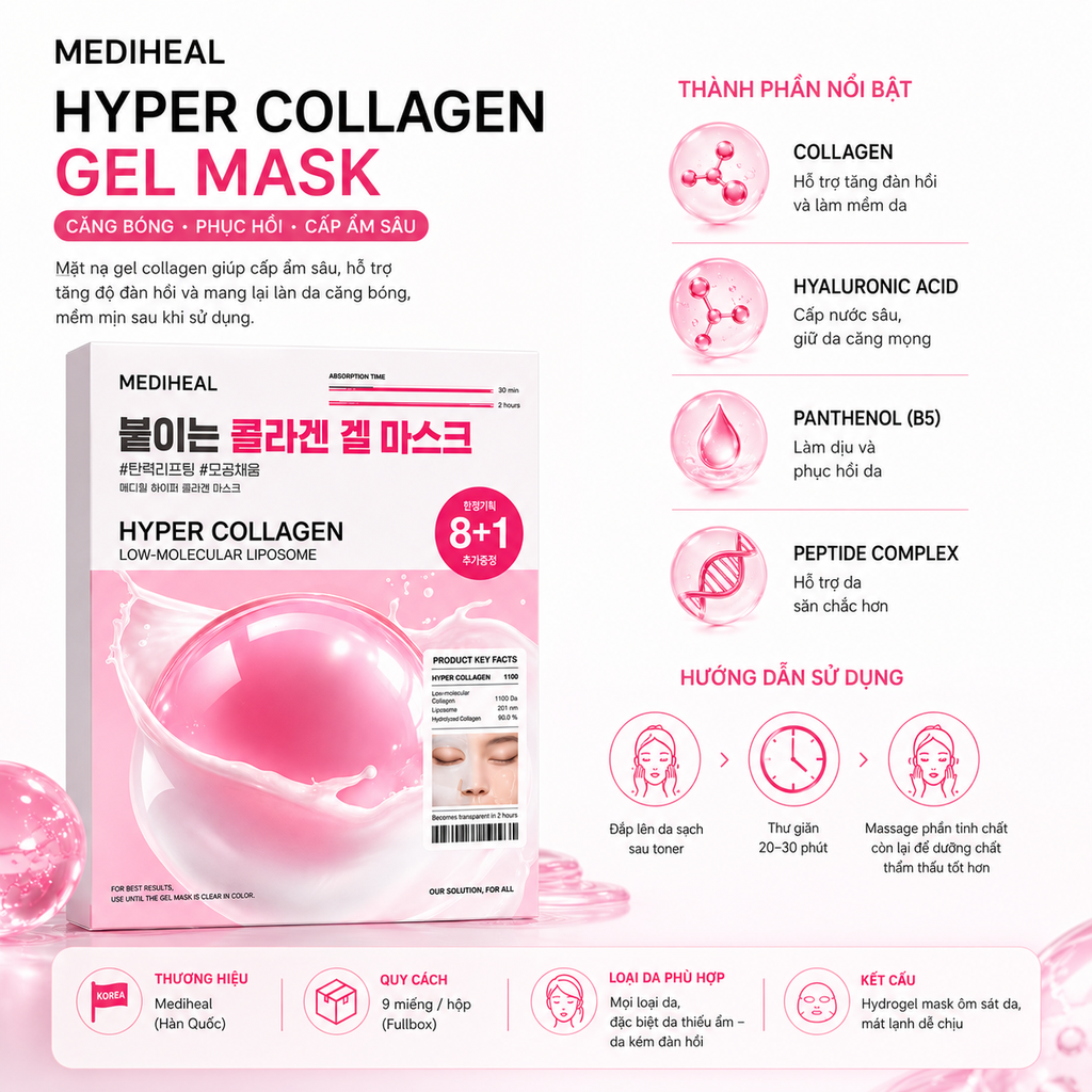 Mask Mediheal Hyper Collagen Gel Mask Căng Bóng Phục Hồi Da - 9 Miếng Fullbox