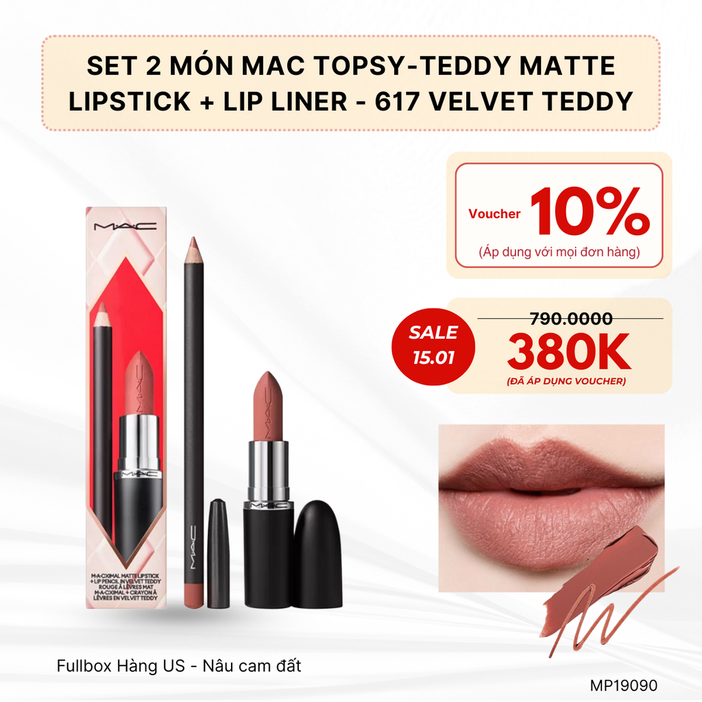 Set 2 Son MAC Topsy Teddy - Son Thỏi Và Chì Kẻ Màu 617 Velvet Teddy - Fullbox Hàng US