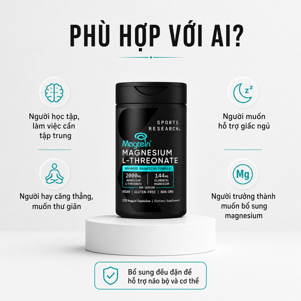 Viên Uống Bổ Não Sports Research Magtein Magnesium L-Threonate 2000mg 135 Viên - Hàng Costco