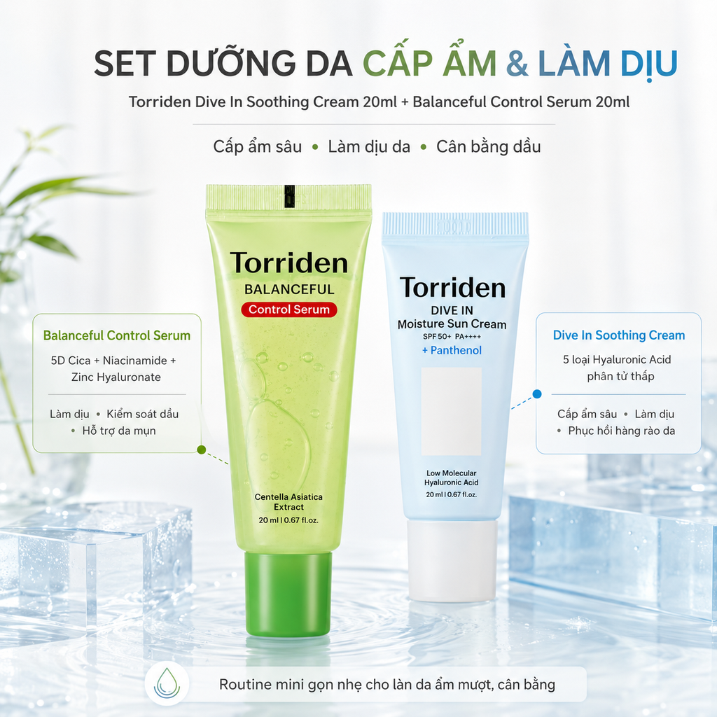 Set Dưỡng Da Cấp Ẩm Làm Dịu Torriden Dive In Low Molecular Hyaluronic Acid Cream 20ml & Balanceful Control Serum 20ml - Tách Set Nobox