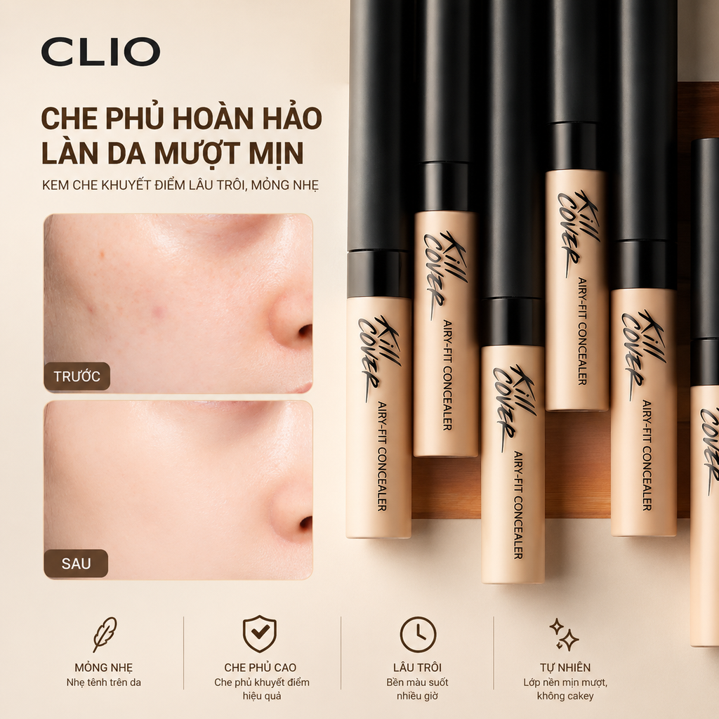 Che khuyết điểm Clio Kill Cover Airy Fit Concealer 3g - Tách Set Nobox