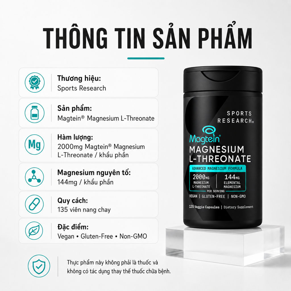 Viên Uống Bổ Não Sports Research Magtein Magnesium L-Threonate 2000mg 135 Viên - Hàng Costco