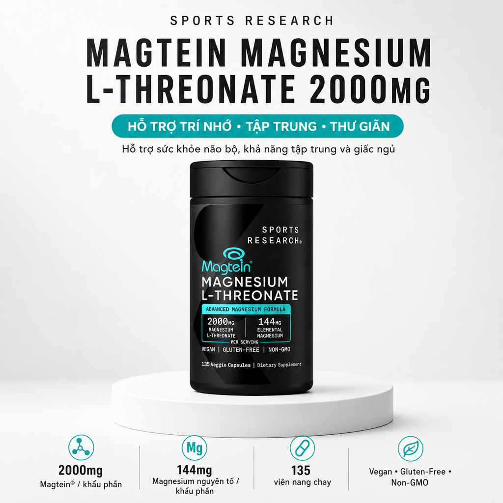 Viên Uống Bổ Não Sports Research Magtein Magnesium L-Threonate 2000mg 135 Viên - Hàng Costco