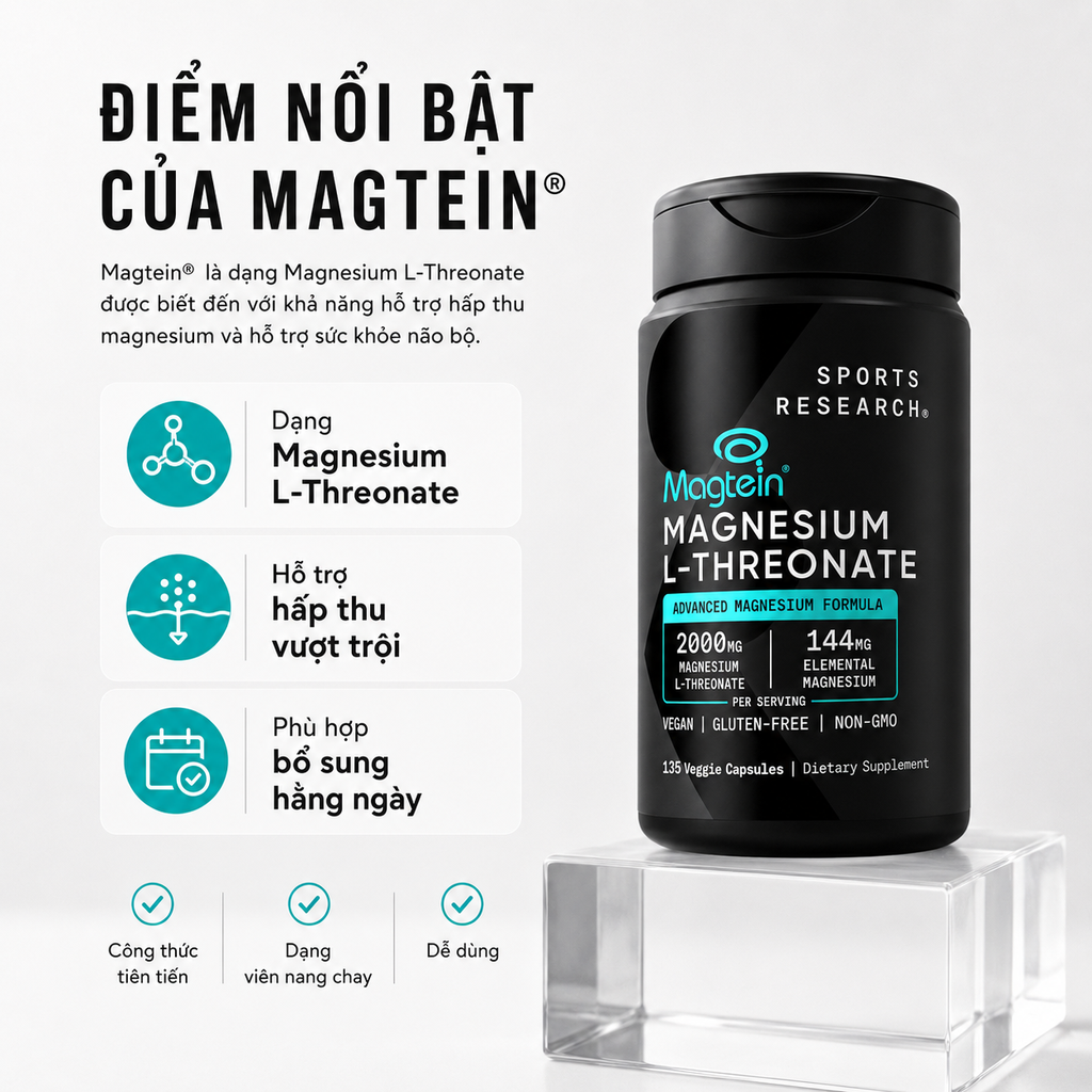 Viên Uống Bổ Não Sports Research Magtein Magnesium L-Threonate 2000mg 135 Viên - Hàng Costco