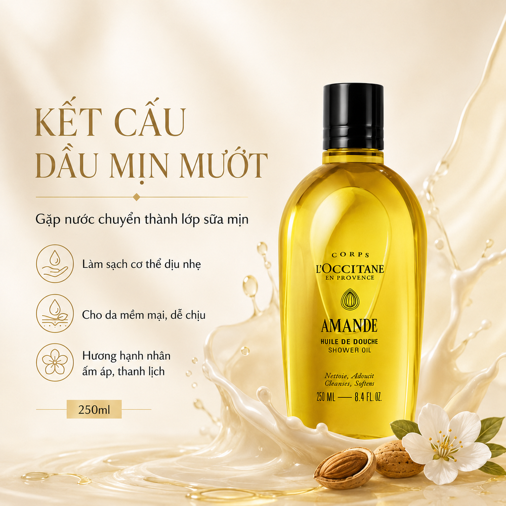 Dầu Tắm Dưỡng Thể Hạnh Nhân L'Occitane Almond Shower Oil 250ml - Nobox - Hàng Duty