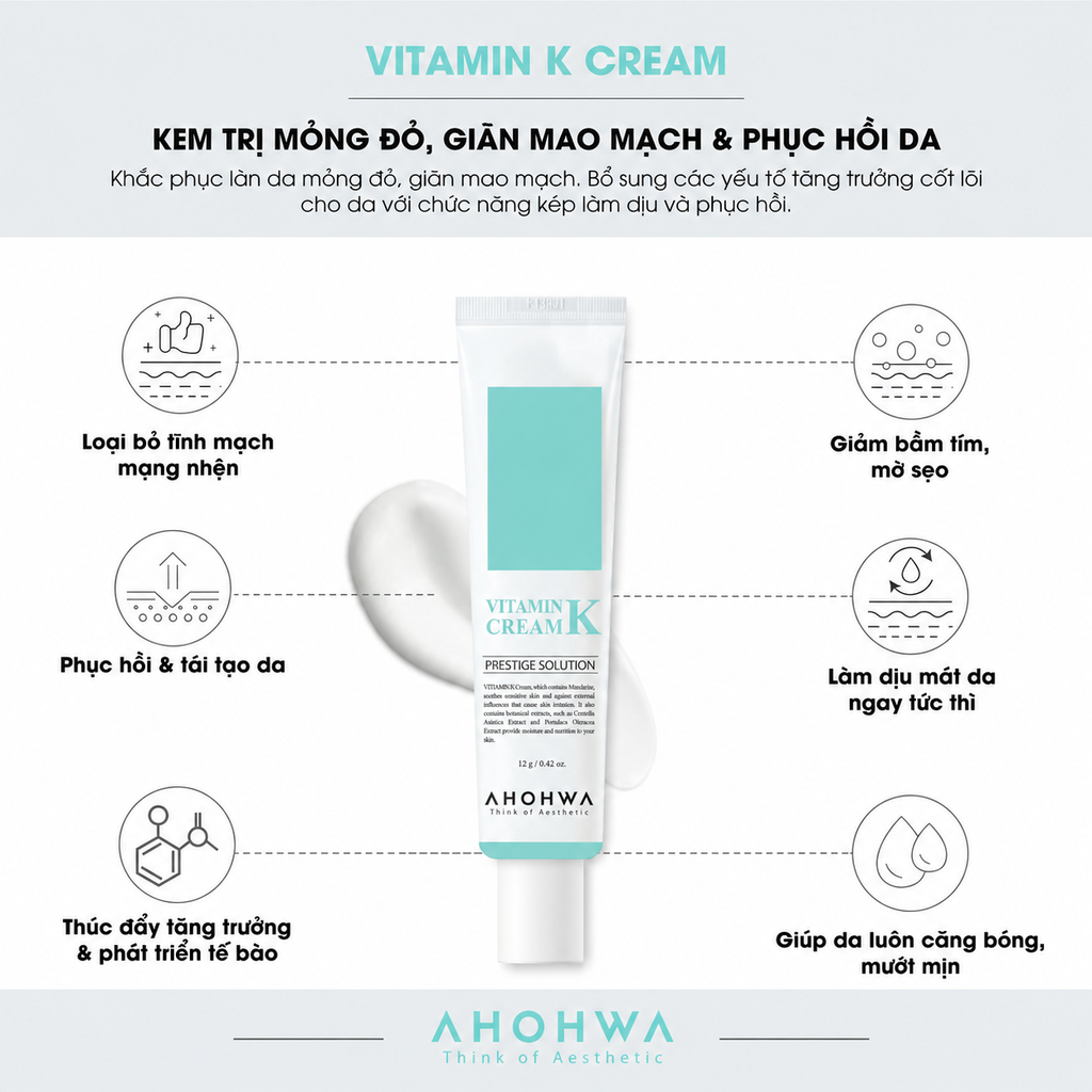 Kem Ahohwa Vitamin K Cream 12g Phục Hồi Giảm Thâm Đỏ Da - Nobox - Hàng Công Ty