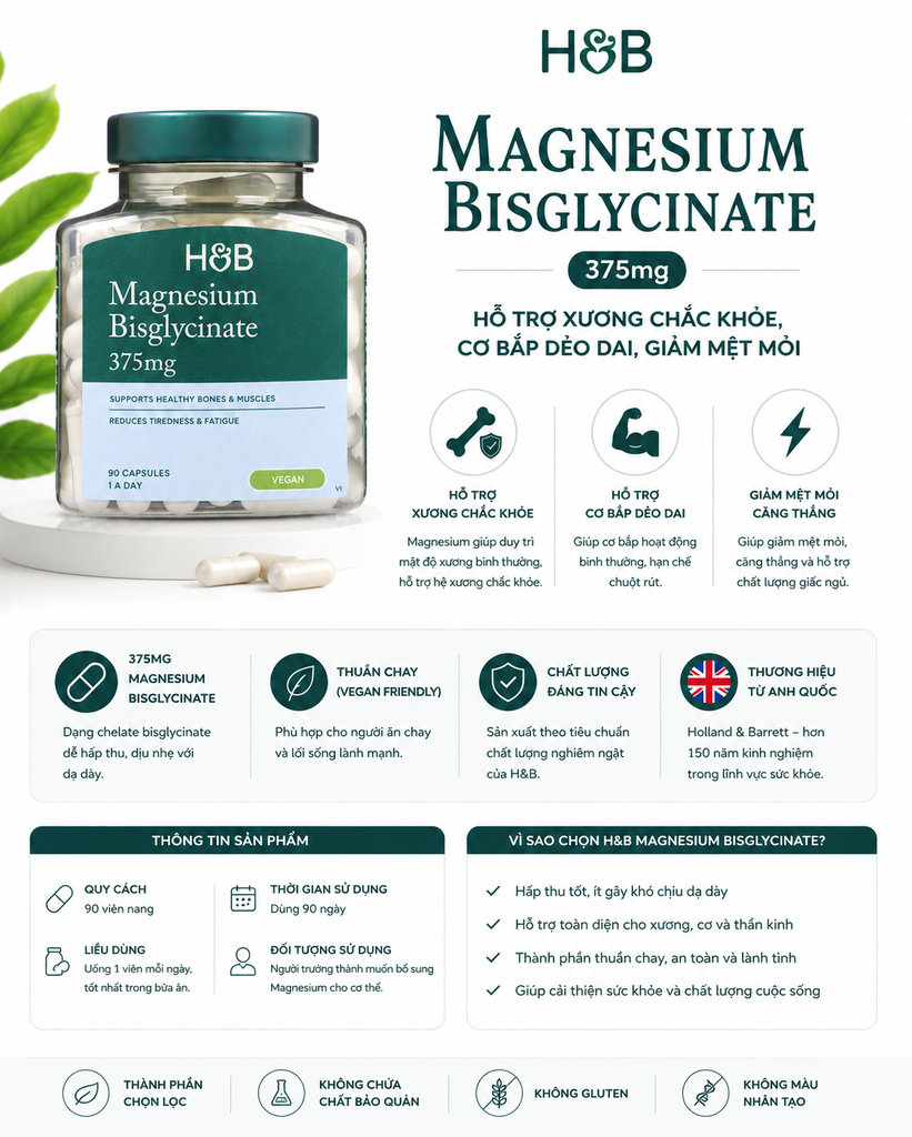 Viên uống HB Magnesium Bisglycinate 375mg Hỗ Trợ Giấc Ngủ - 90 viên