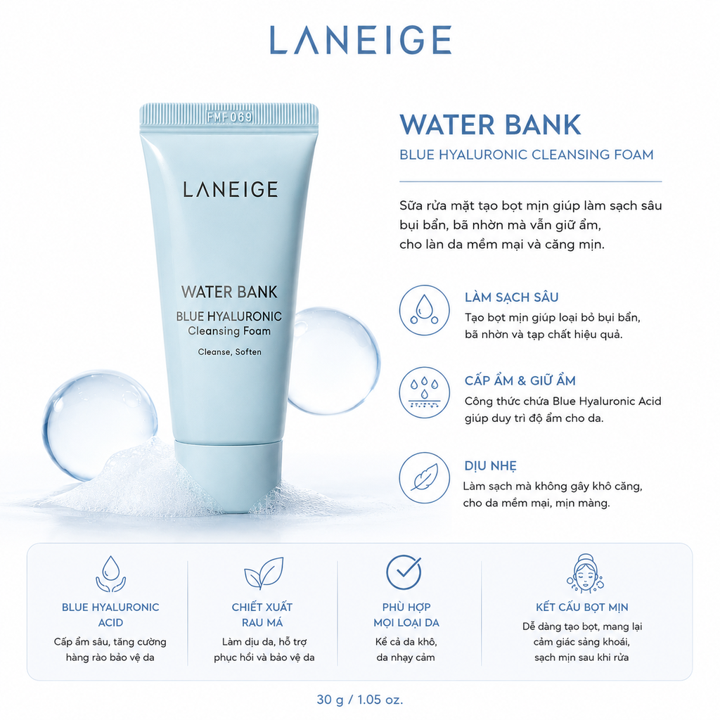 Sữa Rửa Mặt Laneige Water Bank Blue Hyaluronic Cấp Ẩm Dịu Da - 30g - Nobox