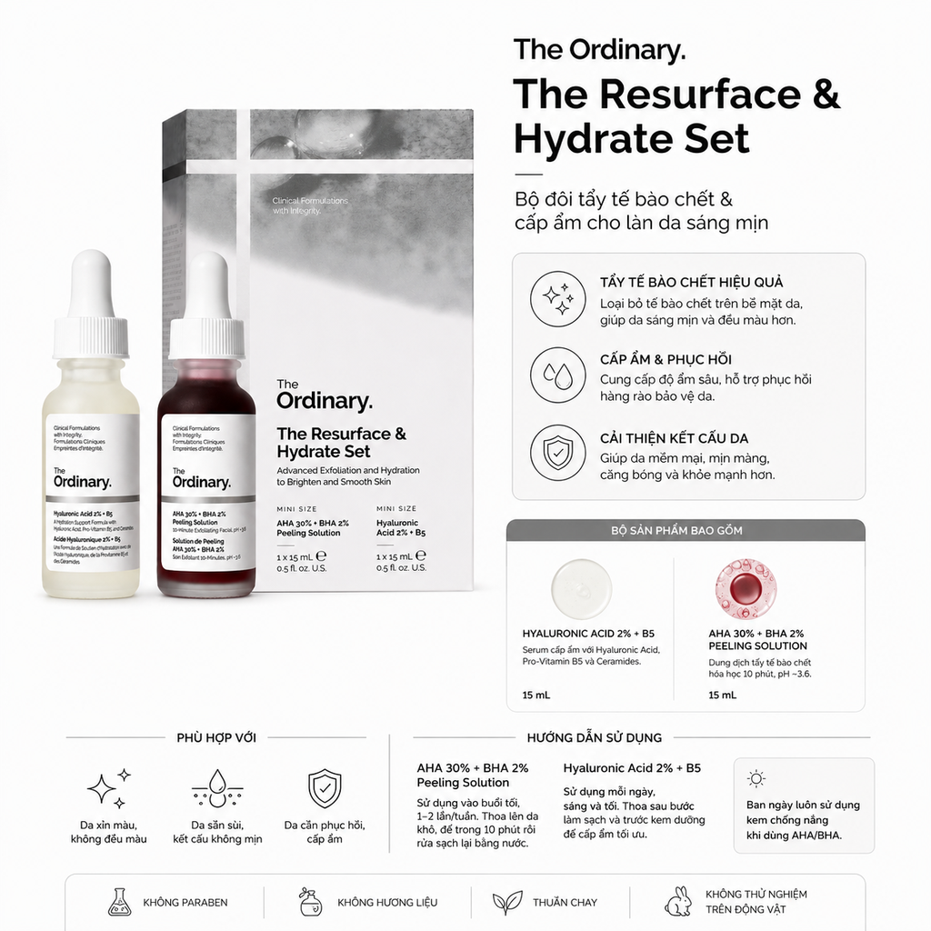 The Ordinary The Resurface & Hydrate Set ( Serum АНА 30%+ВНА 2% Peeling Solution & Serum Hyaluronic Acid 2% + B5) - 15mlx2 - Fullbox Hàng US