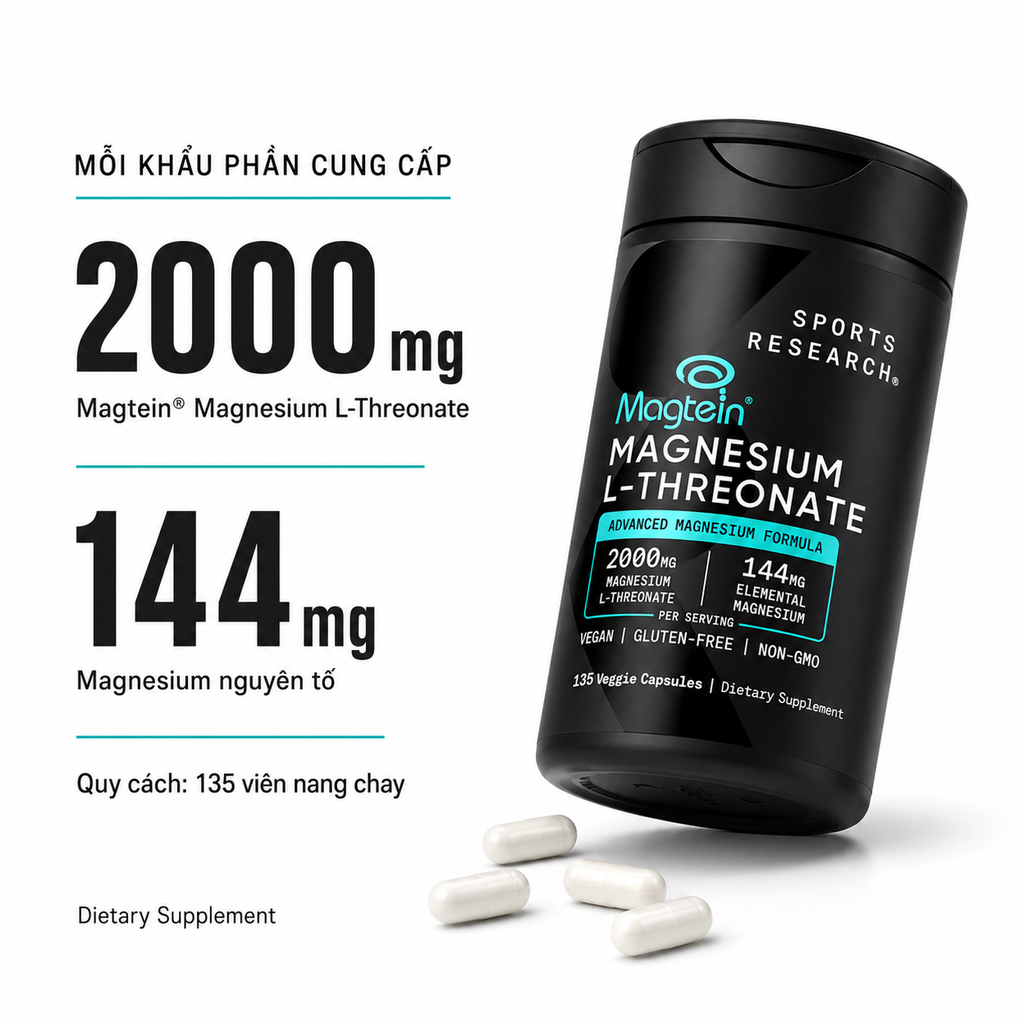 Viên Uống Bổ Não Sports Research Magtein Magnesium L-Threonate 2000mg 135 Viên - Hàng Costco