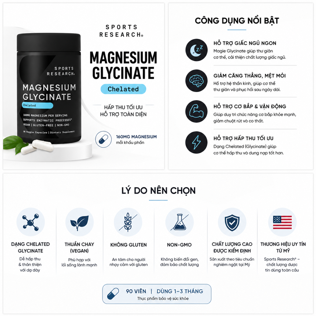 Viên uống Sport Research Magnesium Glycinate Chelated 90 viên