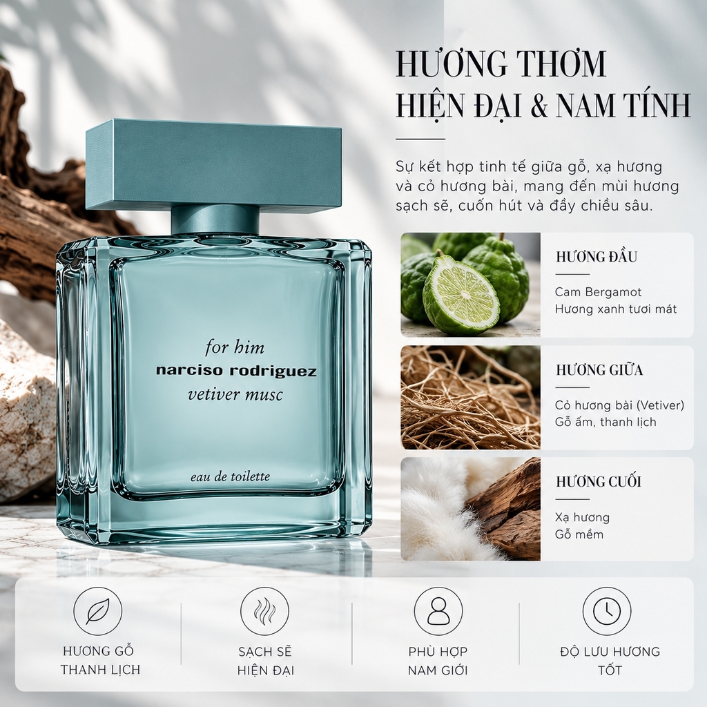 Nước hoa nam Narciso Rodriguez for him Vetiver Musc EDT 100ml Fullbox Hàng US