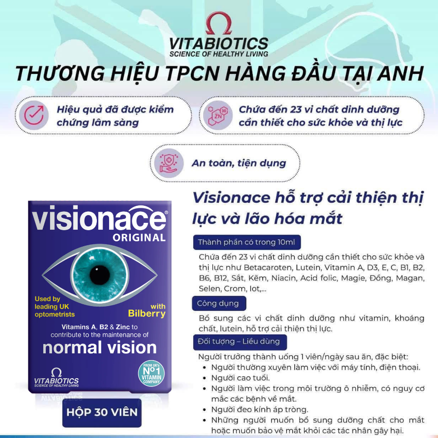Viên Uống Bổ Mắt, Cải Thiện Thị Lực Vitabiotics Visionace Original 30 Viên