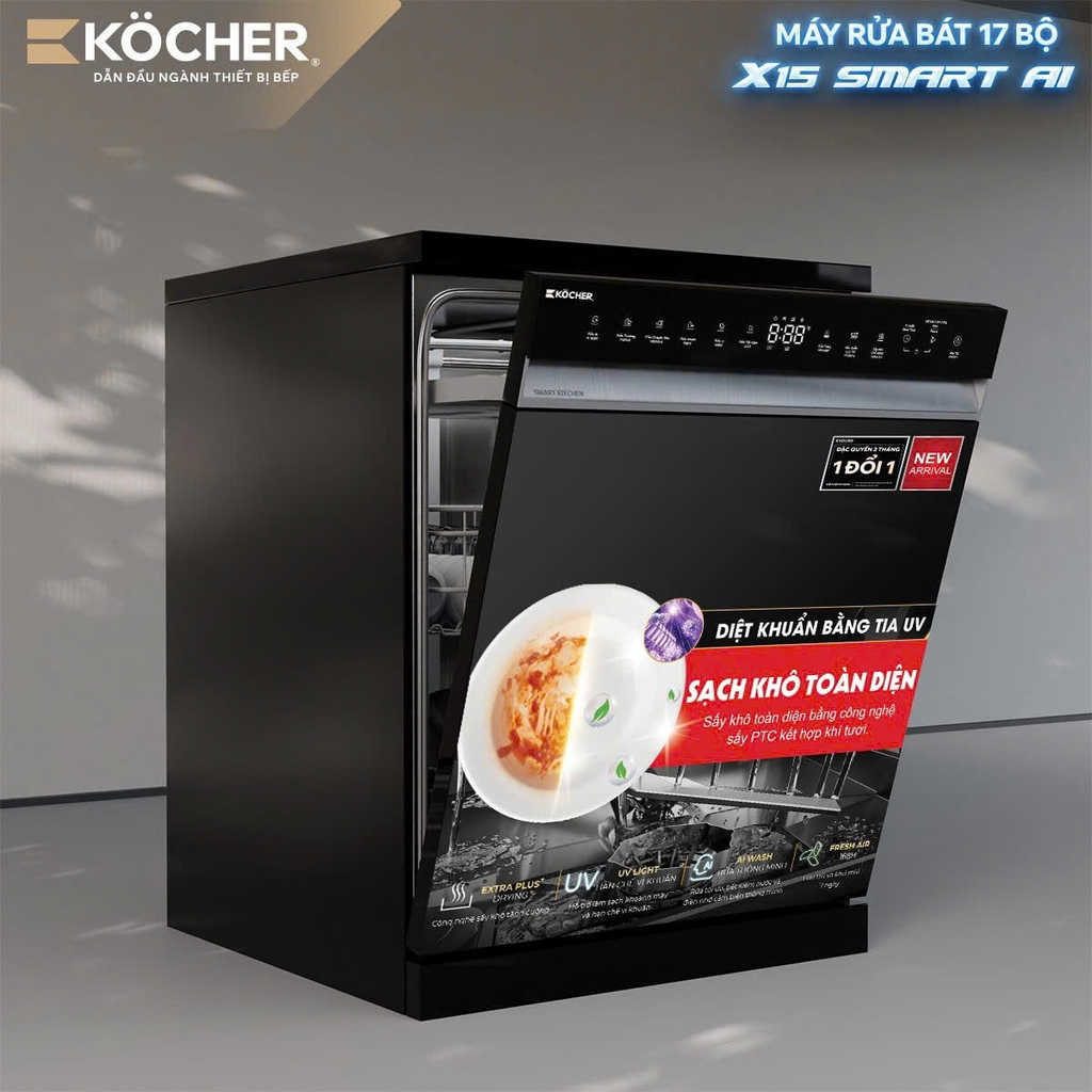 Máy Rửa Chén Kocher X15 Smart AI (17 Bộ) – Nhập Khẩu Malaysia, Sấy Khô & Diệt Khuẩn UV