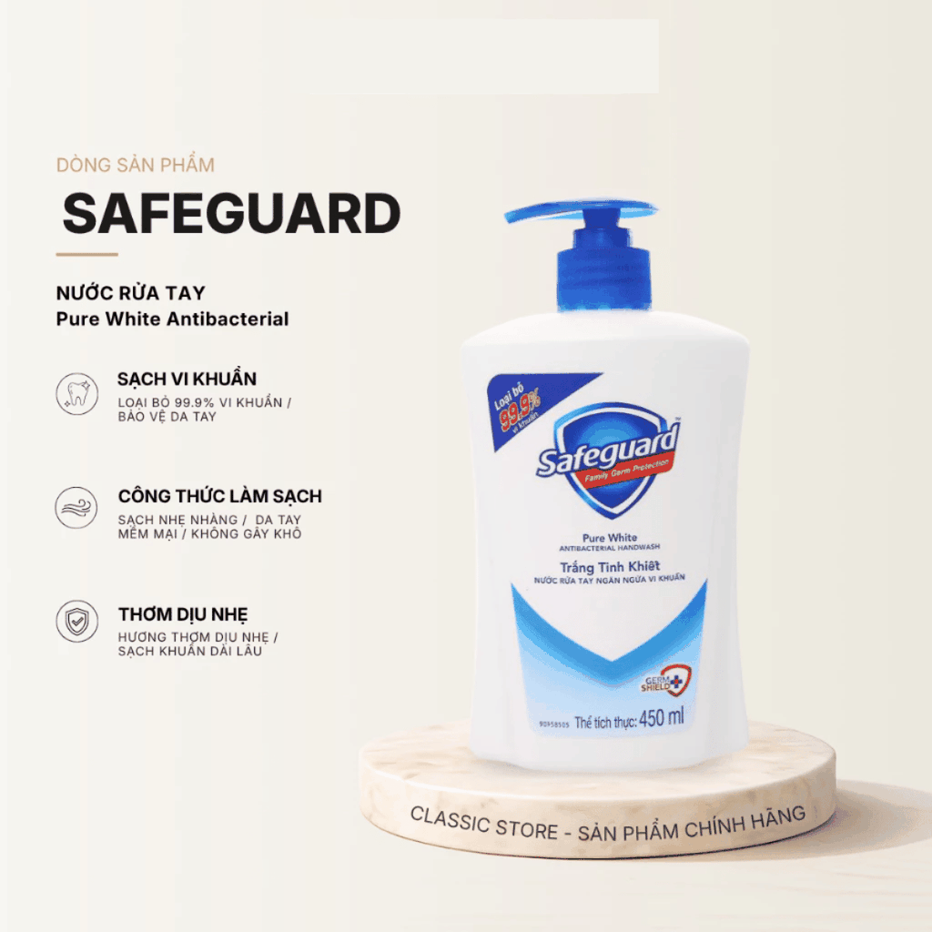 Nước Rửa Tay Safeguard Nước Rửa Tay Diệt Khuẩn, Sạch Sâu Dịu Nhẹ Pure White Liquid Hand Soap Chai 450ml