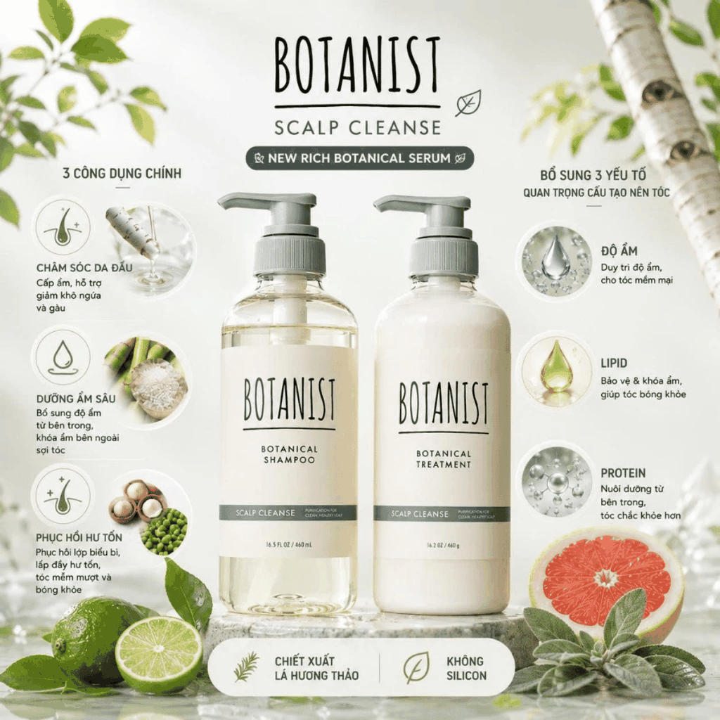 Dầu Gội Xả BOTANIST Moist Nắp Xám Dưỡng Ẩm Tự Nhiên Cho Tóc Khô Xơ Làm Sạch Dịu Nhẹ  Nhật Bản 460ml