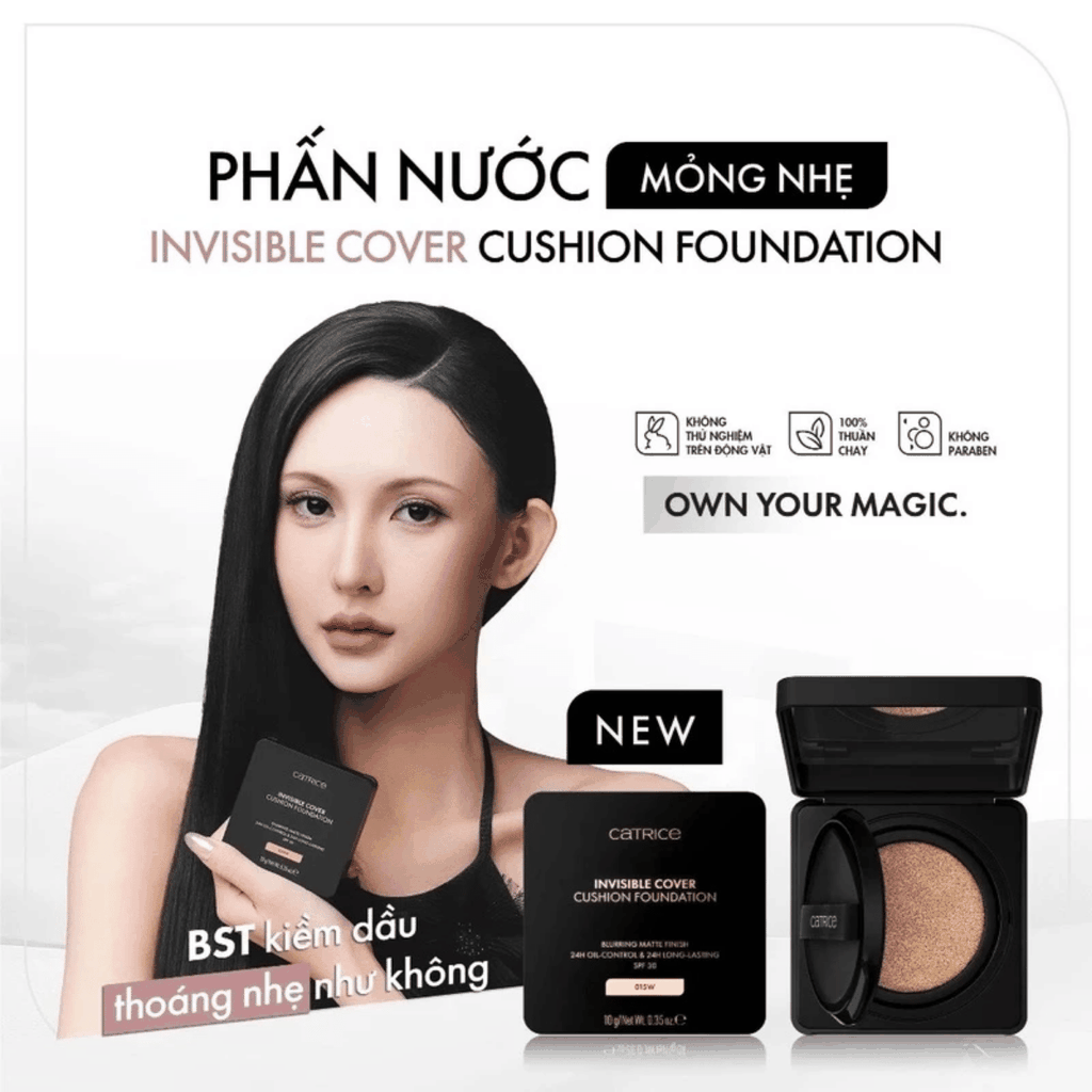 Phấn Nước Catrice Giữu Nền Bền Lì 24h, Dành Cho Mọi Loại Da Invisible Cover Cushion Foundation Hộp 10g