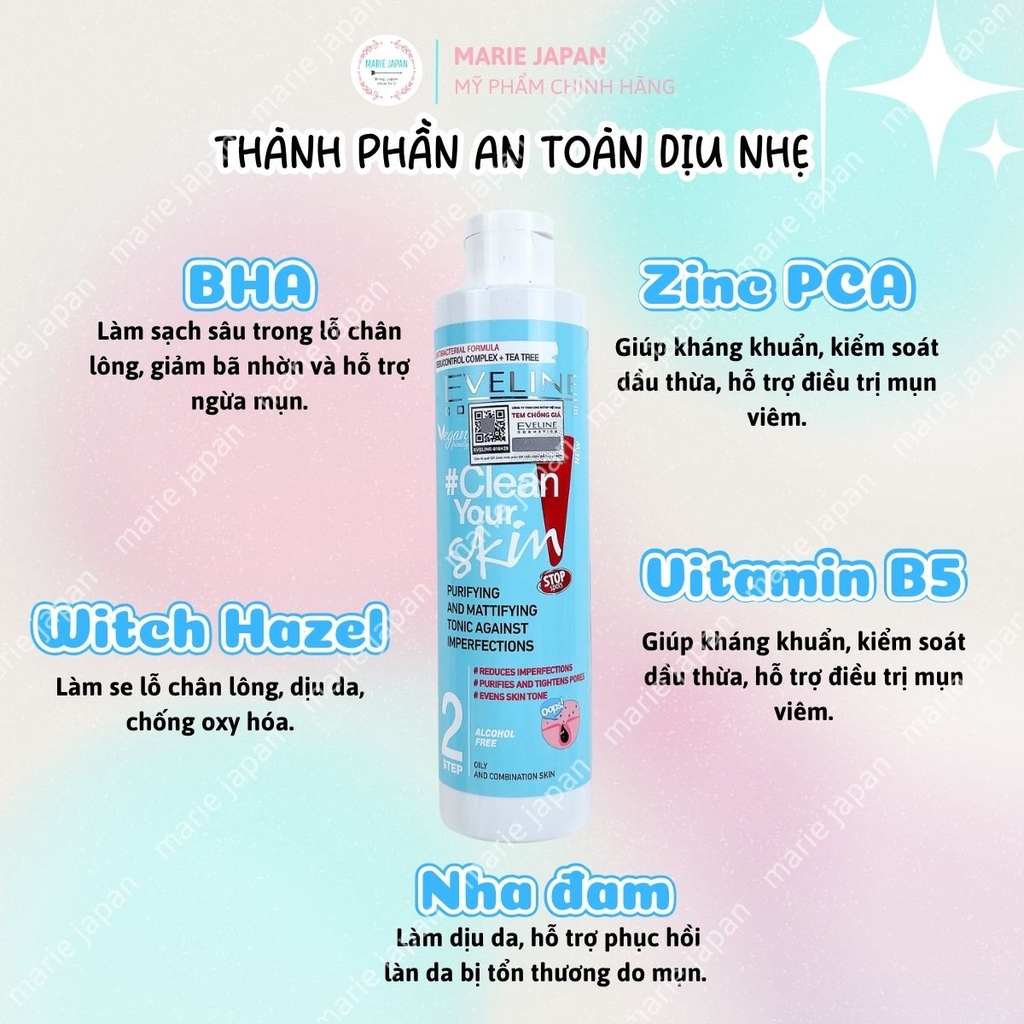 Nước Hoa Hồng Eveline Clean Your Skin Sạch Sâu Cân Bằng Da Ngăn Ngừa Mụn Hiệu Quả Ba Lan Chai 225ml