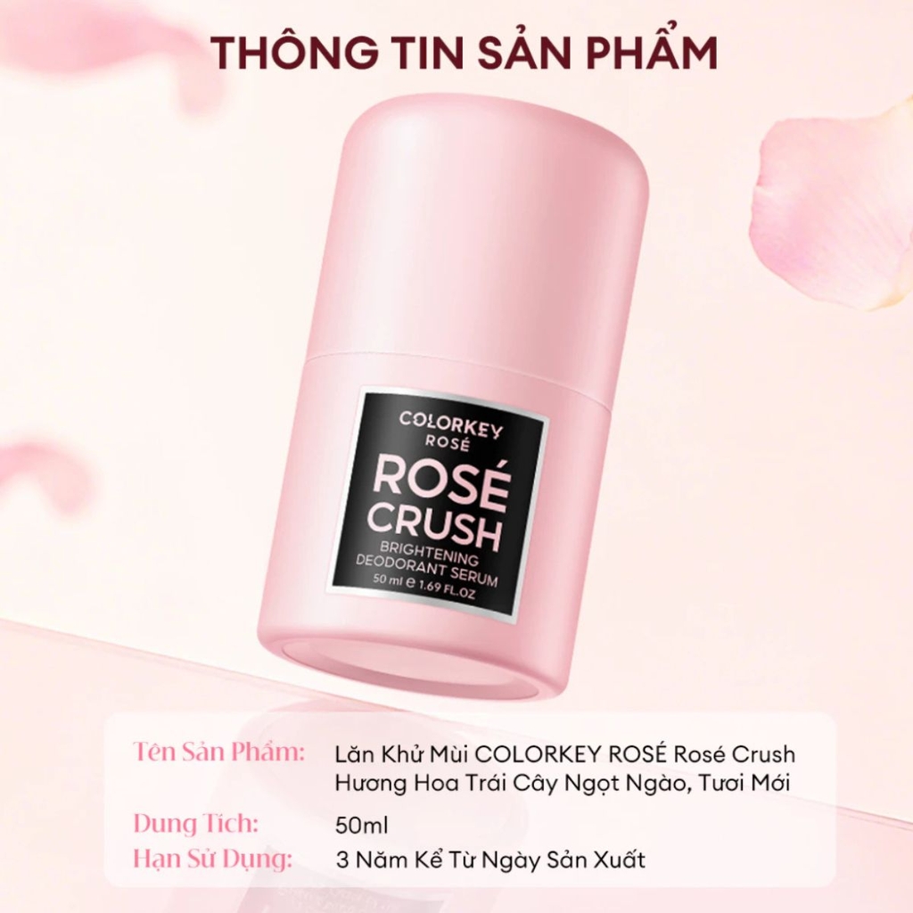 Lăn Khử Mùi Colorkey Rosé Crush Dưỡng Sáng Khử Mùi Khô Thoáng Mềm Mịn Da Brightening Deodorant Serum Chai 50ml - TẶNG 1 SET 2 SAMPLE GEL TẮM ROSE CRUSH