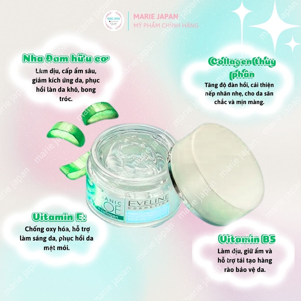 Gel Dưỡng Eveline Organic Aloe + Collagen 3in1 Cấp Ẩm Làm Dịu Phục Hồi Da Hư Tổn Hũ 50ml
