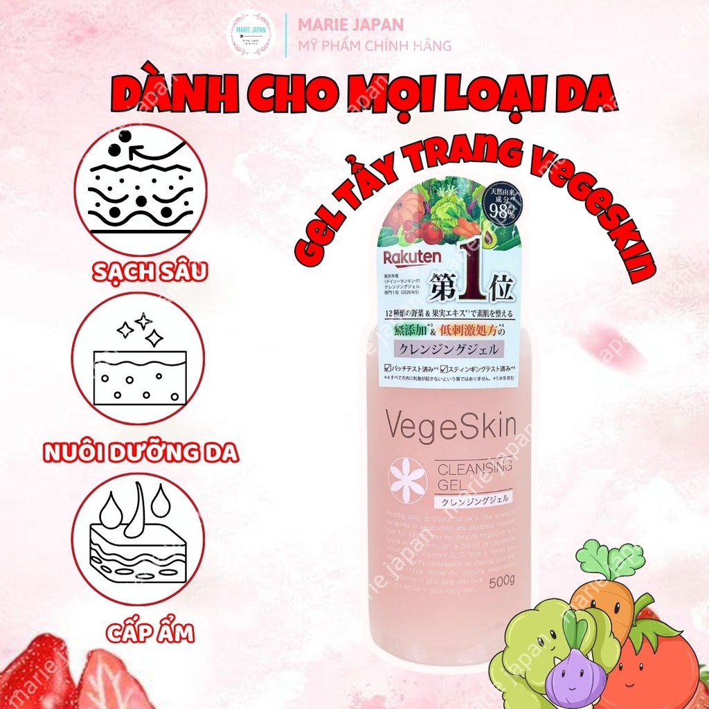 Gel Tẩy Trang VegeSkin Rau Củ Cleansing Gel Sạch Dịu Nhẹ Dưỡng Ẩm Mềm Mịn Cho Da Nhật Bản Chai 500g