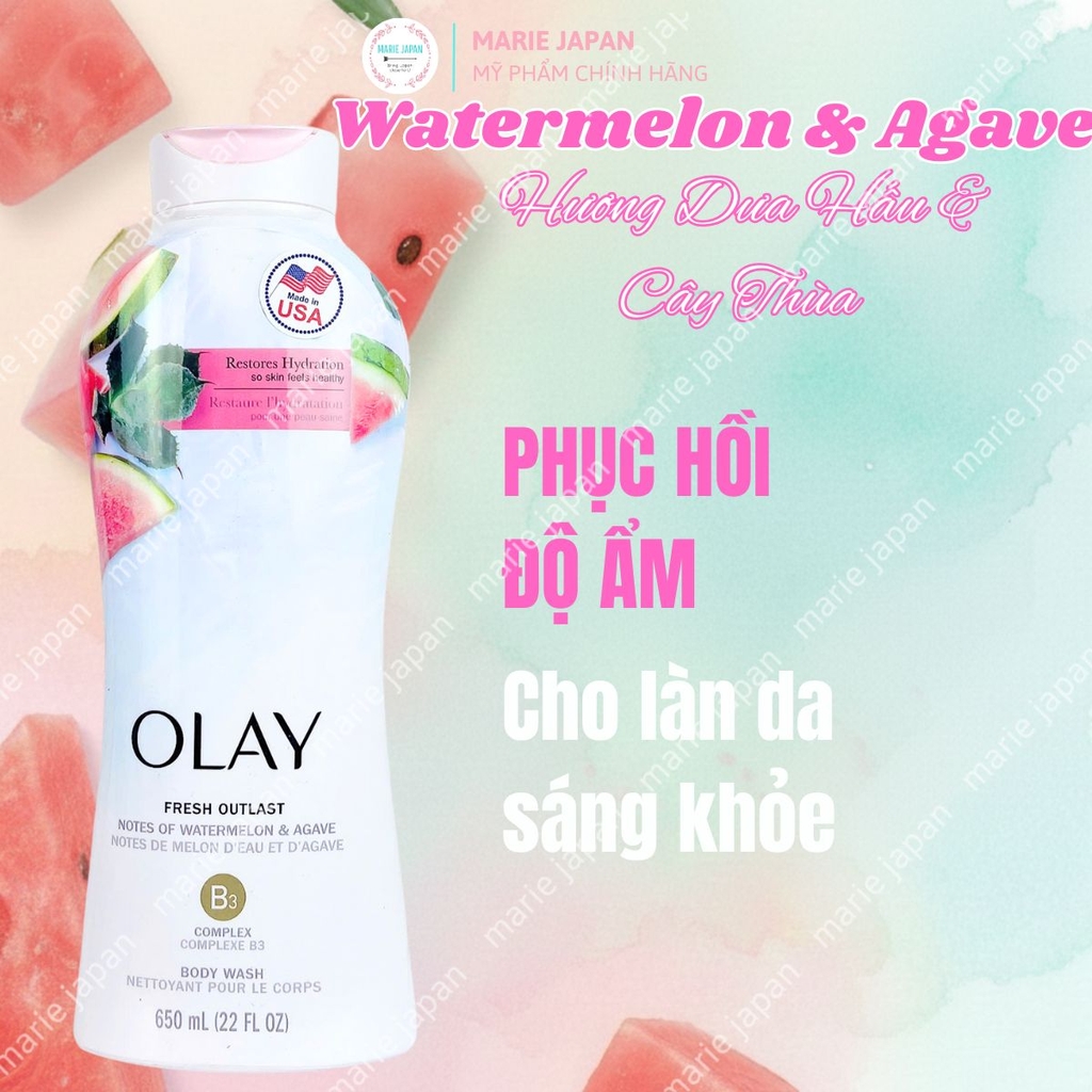 Sữa Tắm Olay Fresh Outlast Body Wash Hương Dưa Hấu Tươi Mát Dưỡng Ẩm Mịn Da Mỹ Chai 650ml