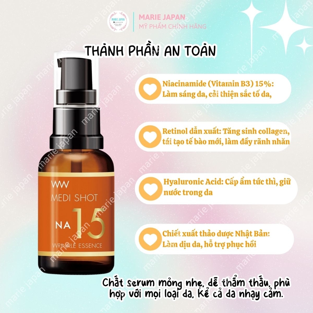 Serum Meishoku NA15 Dưỡng Sáng Cải Thiện Nếp Nhăn Ngừa Lão Hóa Medi Shot Wrinkle Essence Nhật Bản Chai 30ml