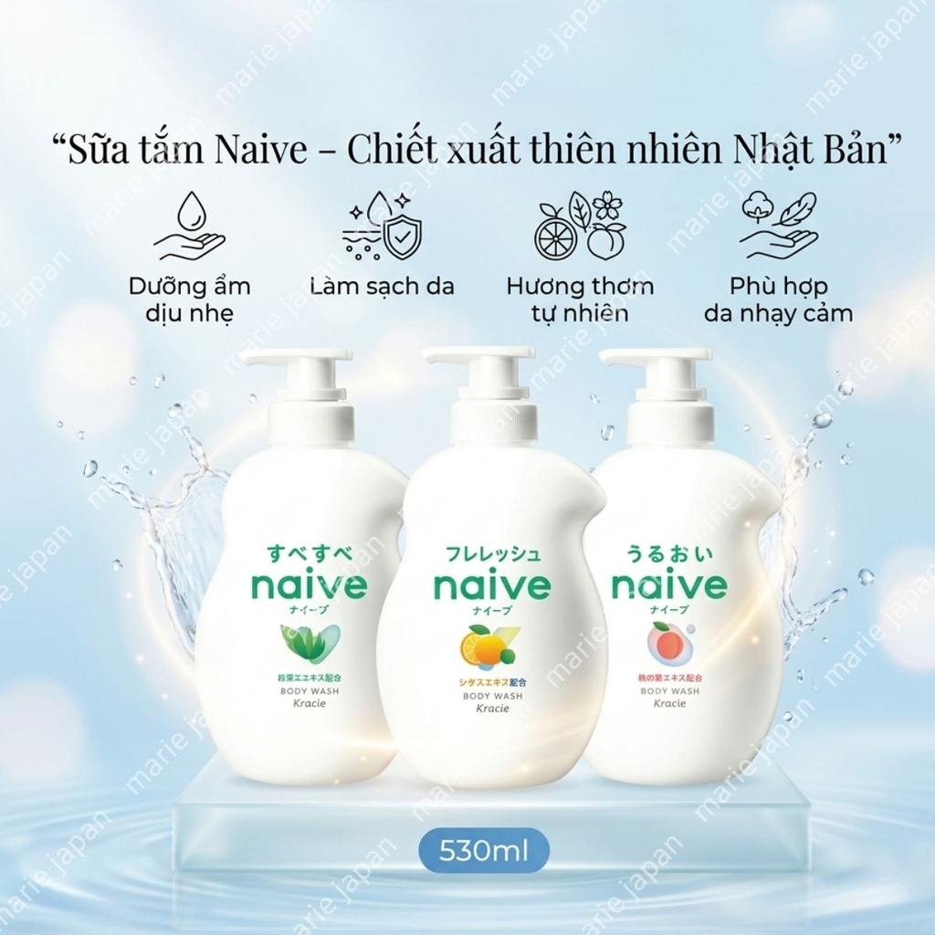 Sữa Tắm Kracie Naive Body Wash  Sạch Dịu Nhẹ Dưỡng Ẩm Mịn Màng  Nhật Bản 530ml