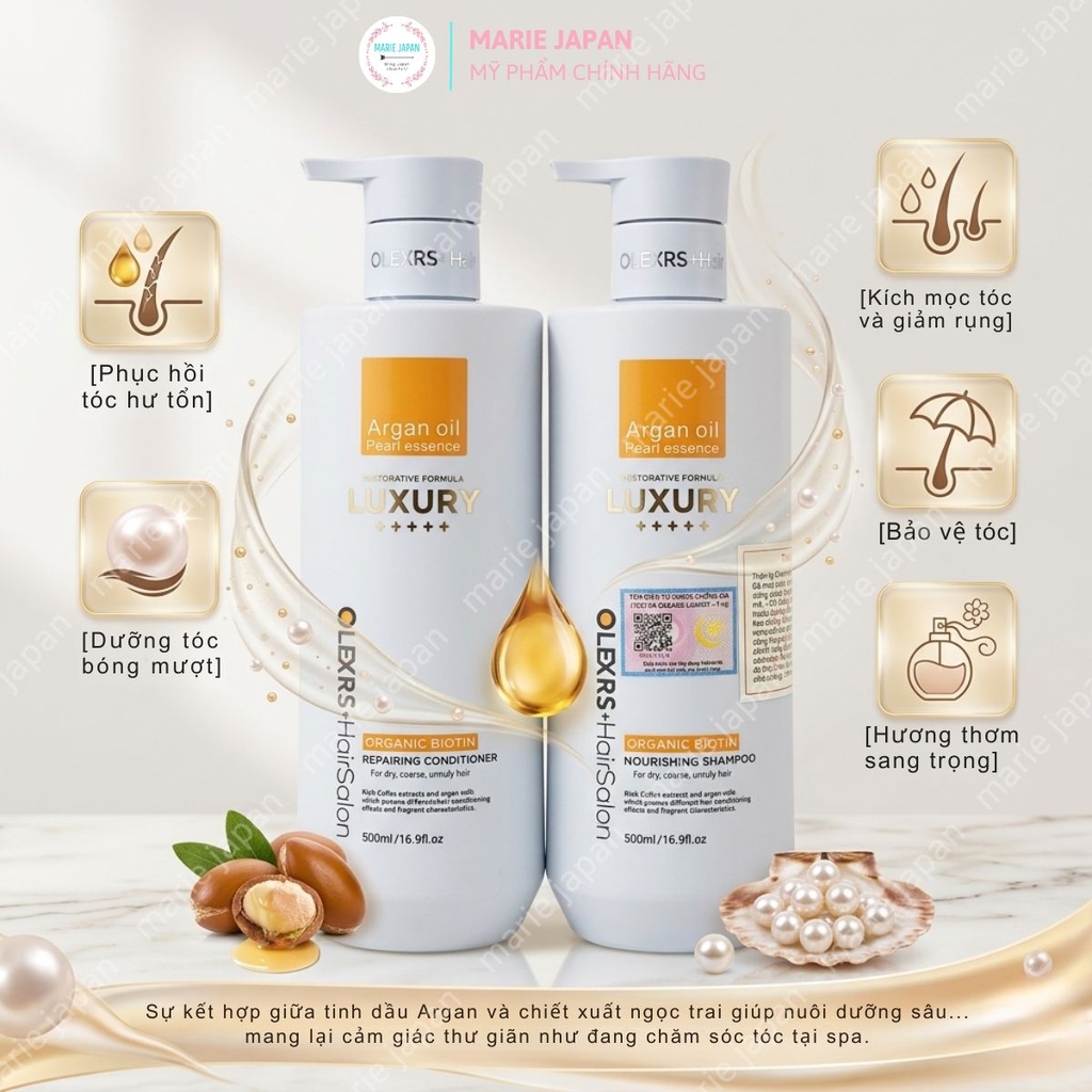 Set Gội Xả Olexrs Luxury  Phục Hồi Giảm Rụng Bóng Mượt Argan Oil & Pearl Essence Anh 500ml