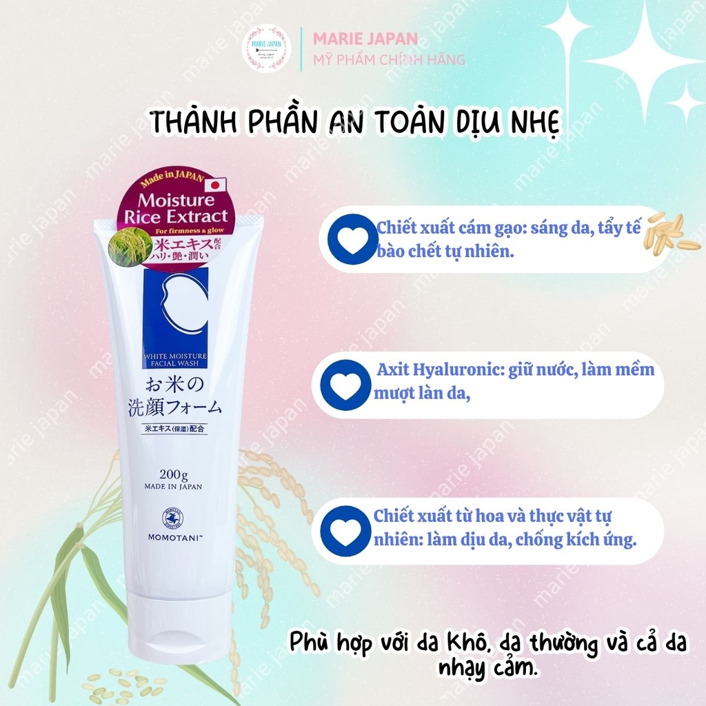Sữa Rửa Mặt Gạo Momotani White Moisture Facial Wash Làm Sạch Sâu Dưỡng Ẩm Sáng Da Nhật Bản