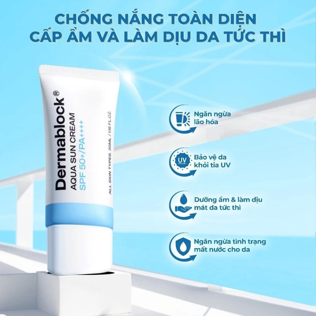 Kem Chống Nắng Dermablock Sun Cream SPF 50+ PA++++ Bảo Vệ Da Dưỡng Ẩm Nâng Tone Hàn Quốc Tuýp 35ml